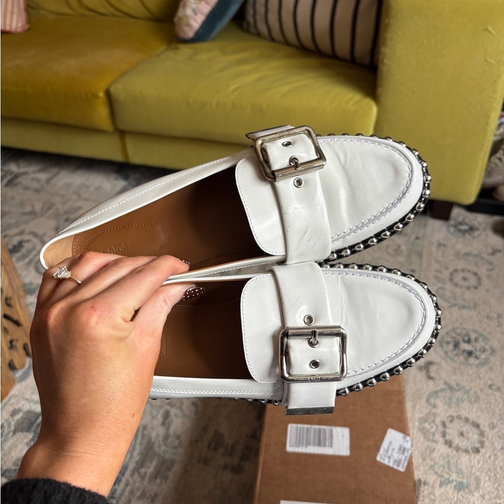 Chloe White Loafers with Silver Buckle and Studded Trim - Picture 9 of 9